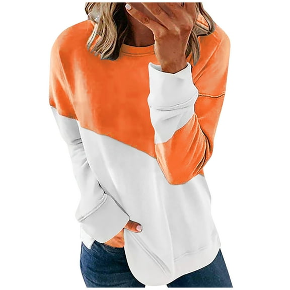 Women's Casual Crewneck Sweatshirt Color Block Long Sleeve Shirts Loose Fit Pullover Tops Basic Tee Tops Soft Comfy Blouse Tunic Shirts