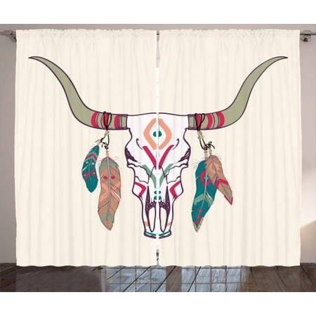 Tribal Curtains 2 Panels Set, Texas Longhorn Steer Cow Skull Ethnic Style Aztec Colorful Feathers Hanging on Horns, Window Drapes for Living Room Bedroom, 108W X 108L Inches, Multicolor, by (Best Windows For Texas Heat)