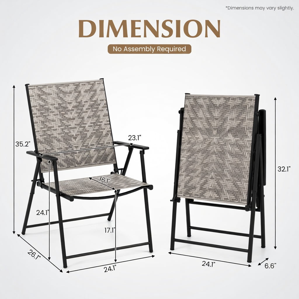 Hommoo 4-Pack Folding Patio Chairs with Armrests, Heavy-Duty PE Rattan & Steel Frame, Rust-Resistant Outdoor Lawn Chairs for Backyard, Garden, Poolside, Gray
