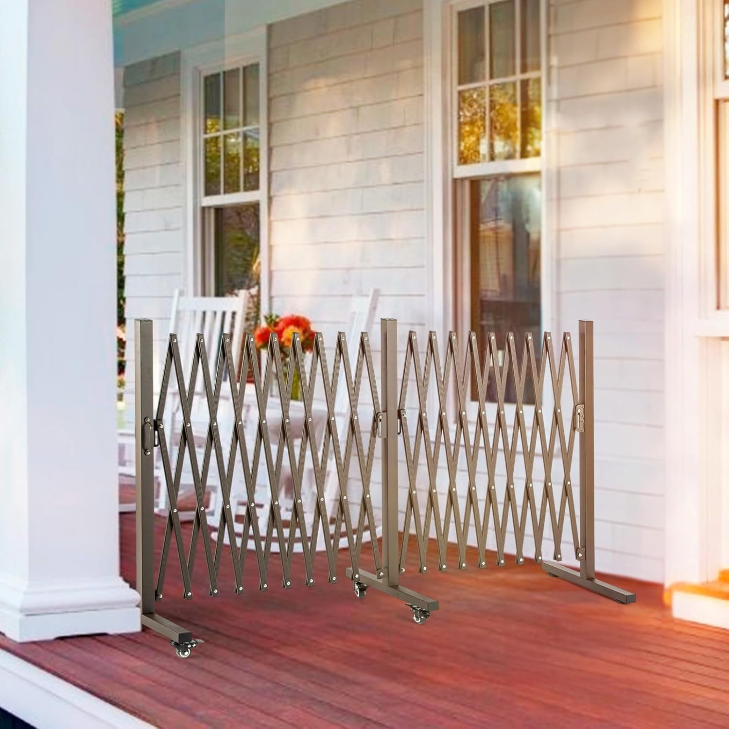 Aluminum Expandable Garden Fence, Portable Barricade Gate with Casters, Adjustable Retractable Fence Mobile Barricade Safety Barrier (Brown, 201×15×41 inch)