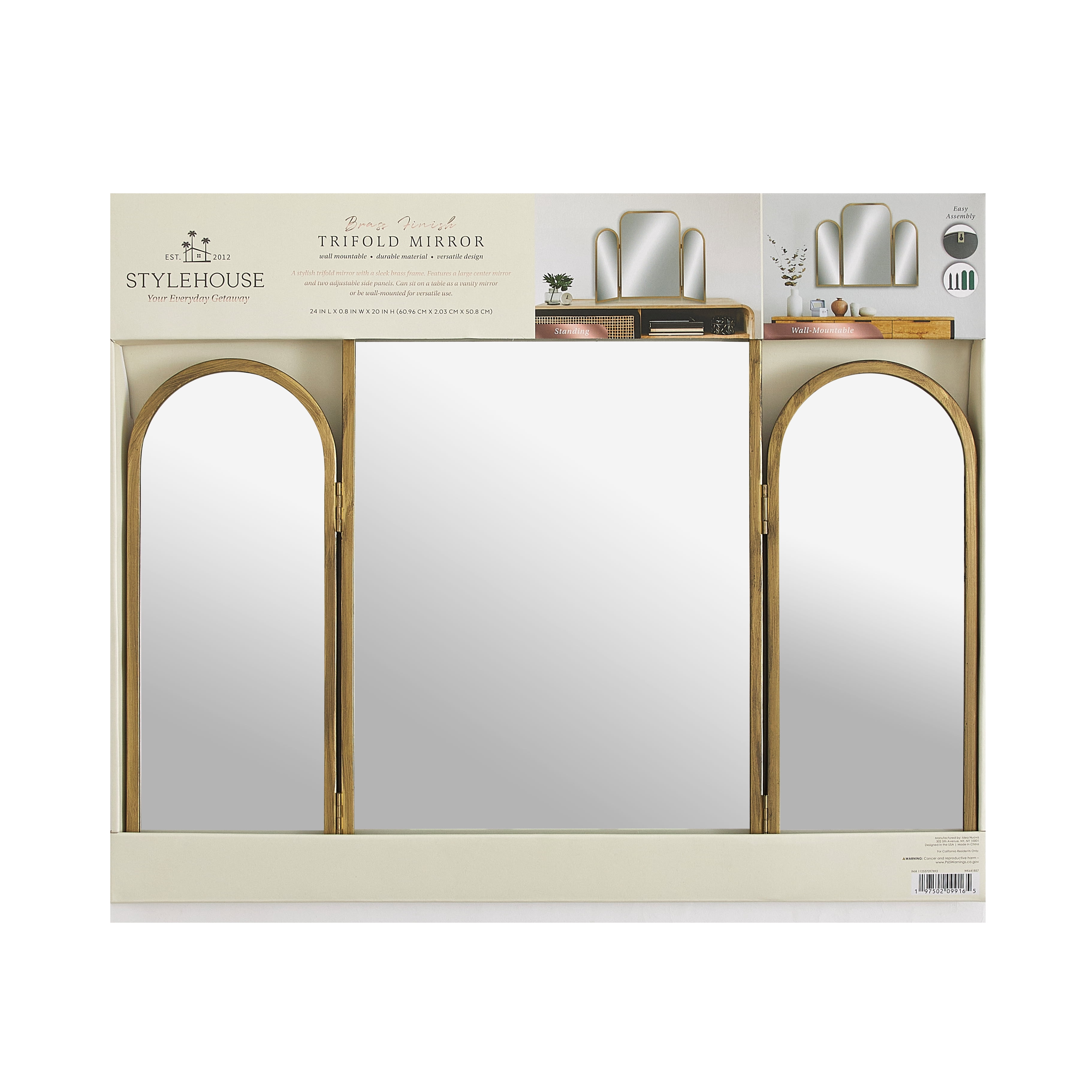 Stylehouse 24" x 20" Tri-Fold Vanity Mirror with Gold Frame