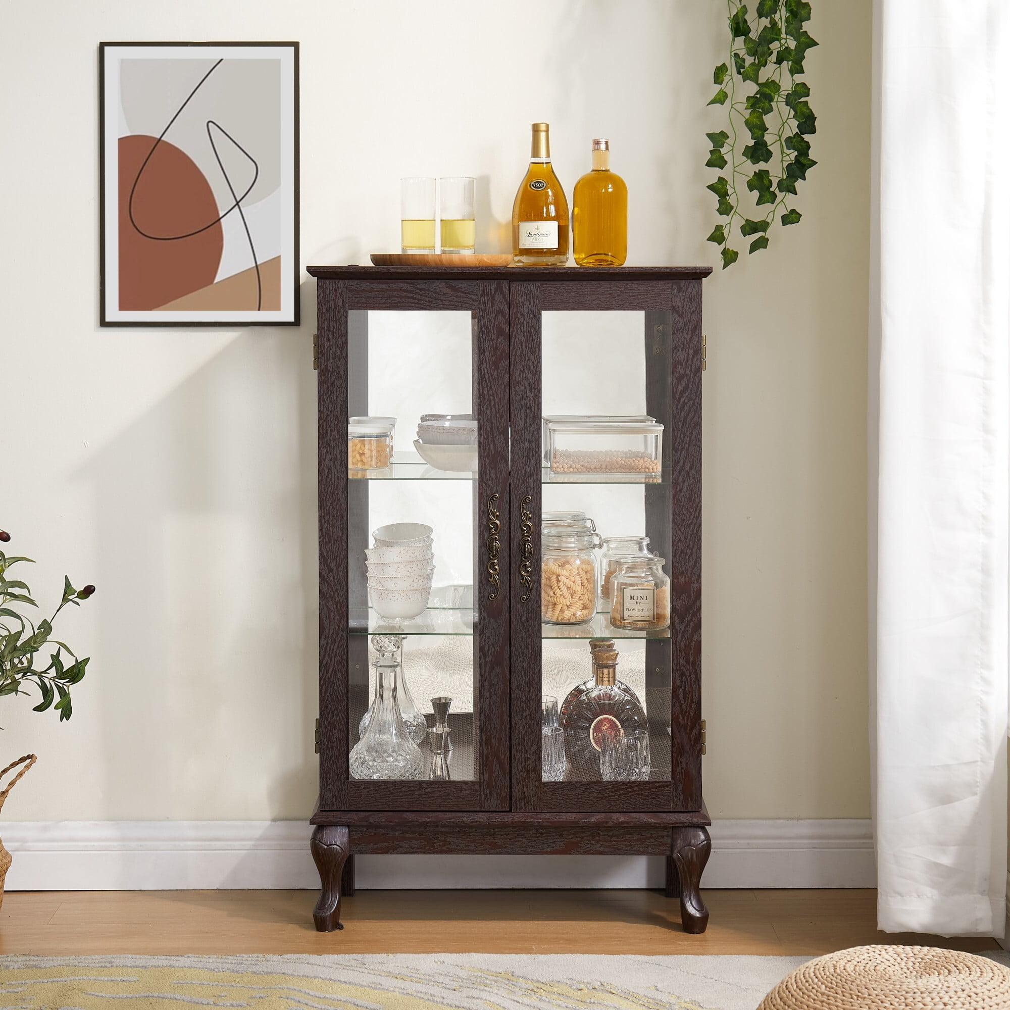 AENKYO Retro Glass Curio Cabinet with Light Bulb & Adjustable Shelves, Small Vintage Home Decor Display Case, Cherry