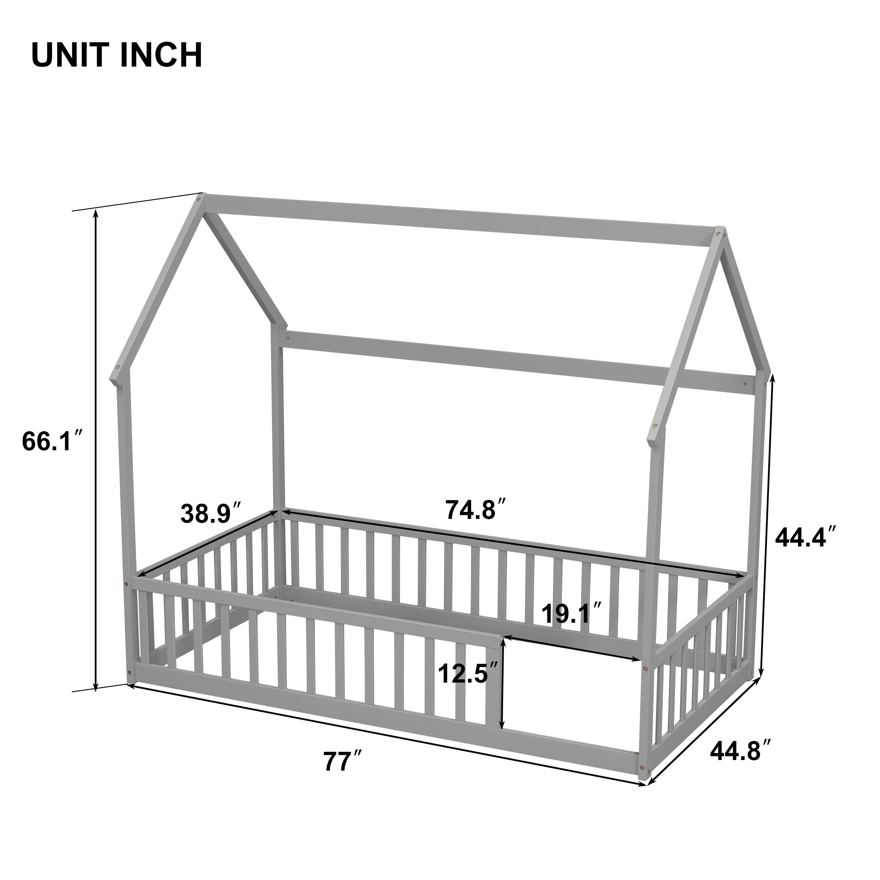 Twin Size House Floor Bed with Roof Frame, Pine Wood Floor Bed with Safety Guardrails, Grey