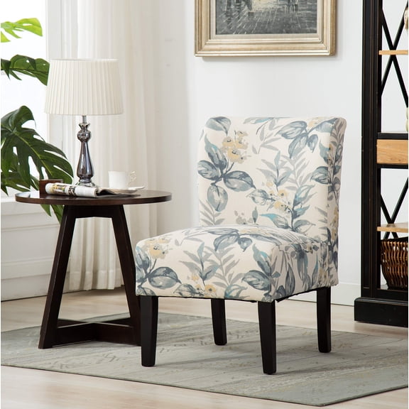 Floral Print Armless Accent Chair In Blue Leaves Pattern