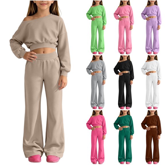 Itsame Girls 2-Piece Sweatshirt Set, Crop Relaxed Straight Leg Pants Outfit Casual Sporty Jogger Suit Khaki Size 12