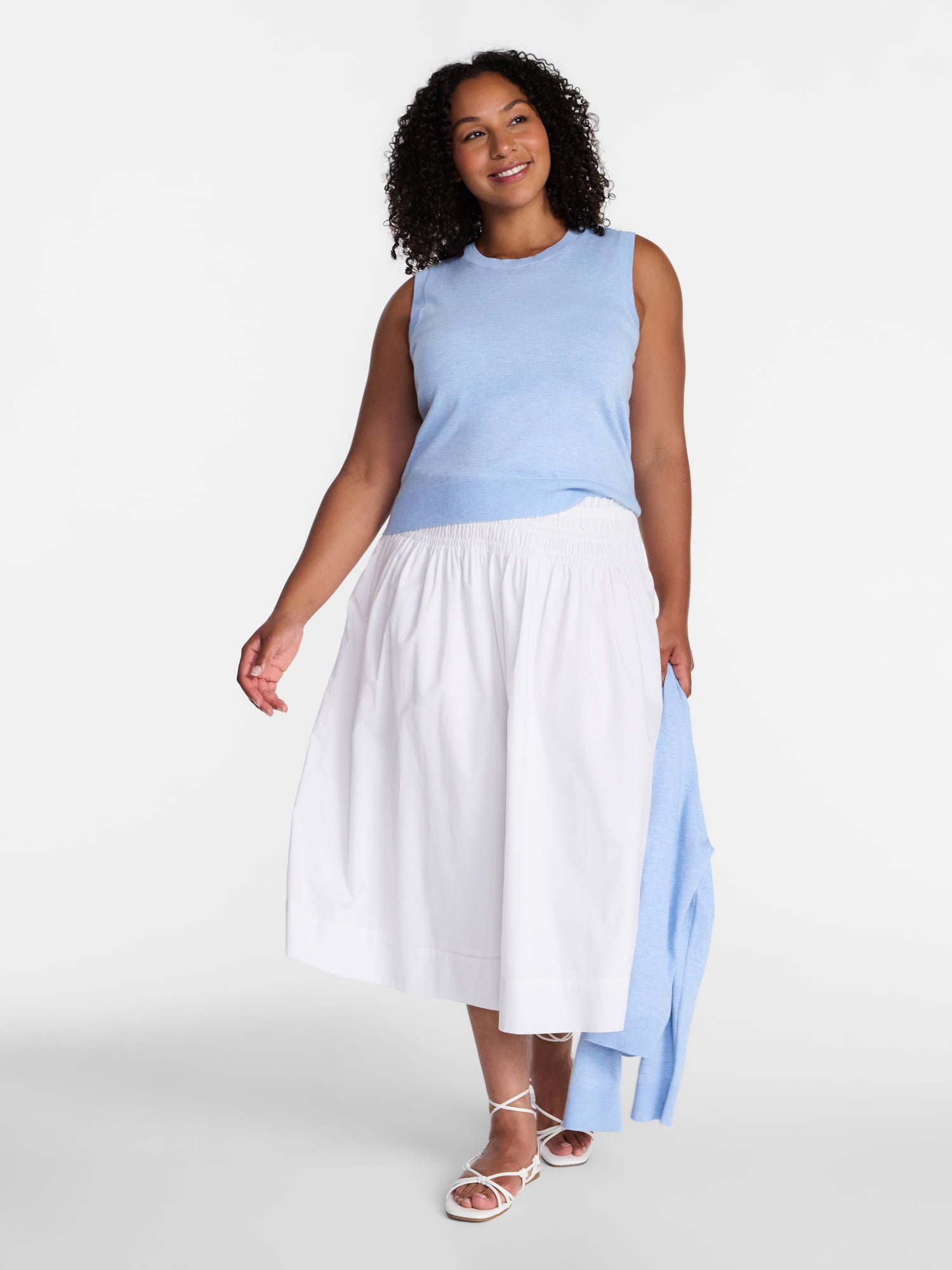 Time and Tru Women's Smocked Waist Cotton Midi Skirt, Sizes XS-XXXL
