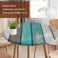 thumbnail image 3 of Green Brown Round Tablecloth 55-60 Inch Round Fitted Table Cloth with Elastic Edge, Retro Grey Geometric Wood Vertical Stripes Waterproof Table Cover Protector for Outdoor Picnic Party Dining, 3 of 6
