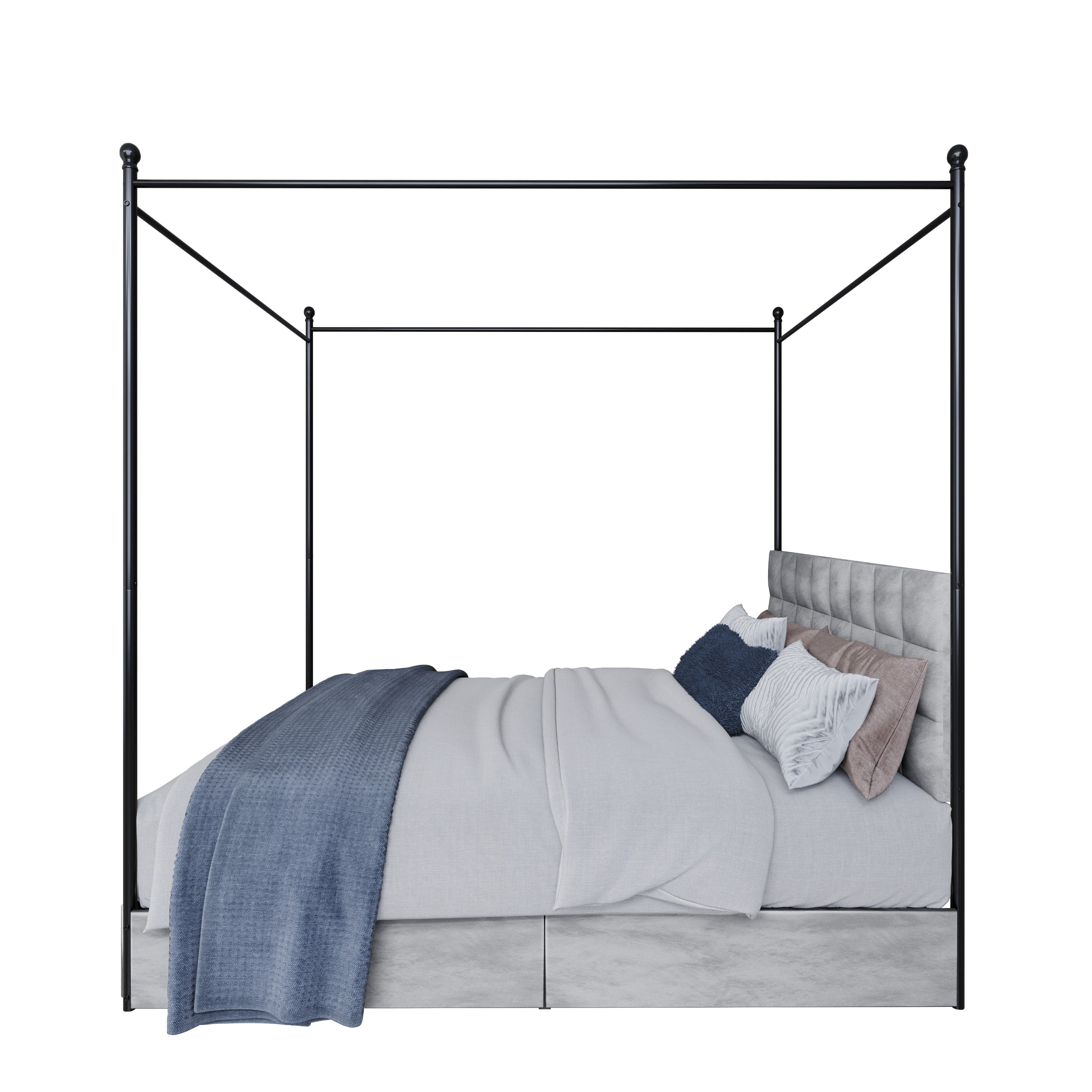 Home Design Hobart King Upholstered Metal Storage Canopy Bed Frame with Square-Tufted Headboard and Four Under-Bed Drawers, Silver Gray, Easy Assembly