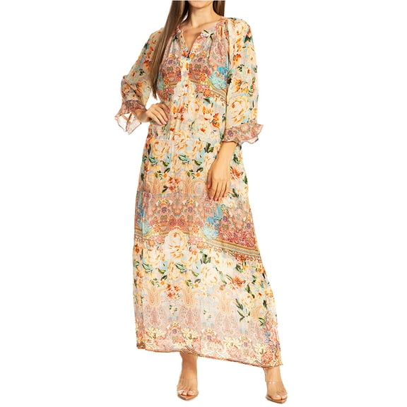 Sakkas Womens Henley Neck Elbow Sleeves Long A-Line Summer dress with pockets - SM-504-B - S/M