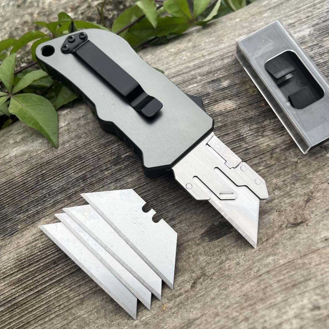 ABCISI Retractable Box Cutters Utility Knife, Replaceable Blade Pocket Knife With Clip, With 5pcs Spare Blades, Lightweight Aluminum Handle for Outdoor And Indoor EDc, Camping & Survival