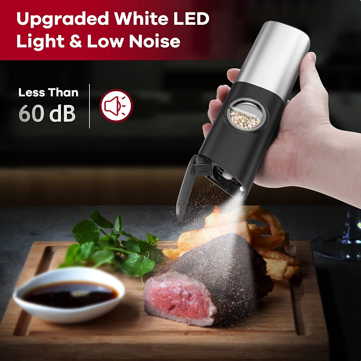 SZMLOGB Electric Pepper Grinder， Rechargeable Electric Salt and Pepper Grinder,1 Pack-Silver