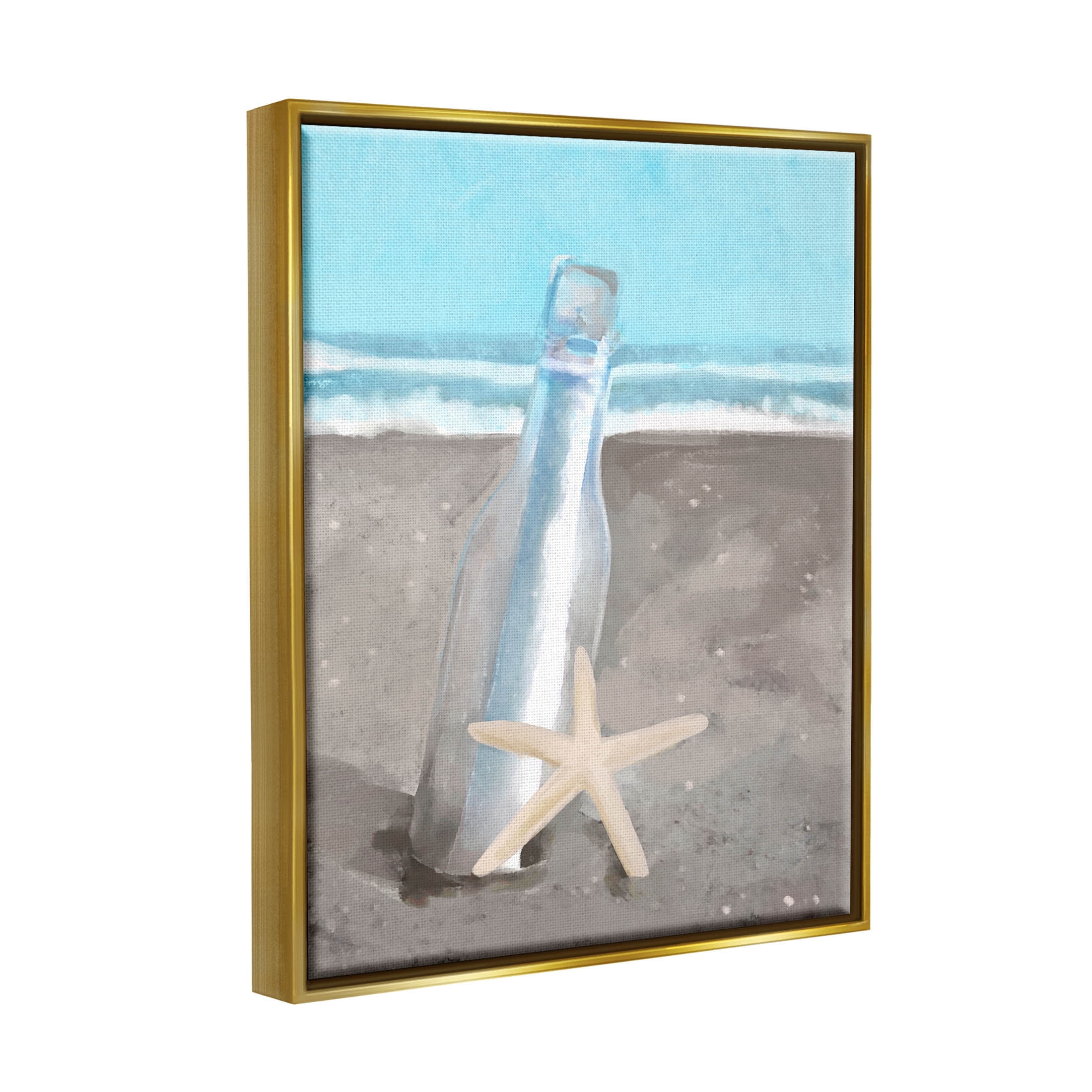 Message Bottle Beach Shore Coastal Graphic Art Metallic Gold Framed Art Print Wall Art