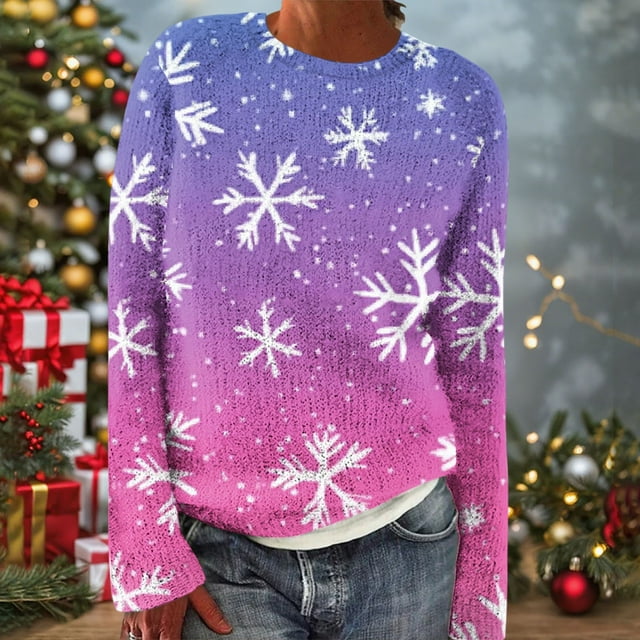 Wiyuqeen Chandails Flocon de Neige pour Femmes à Manches Longues Chandails de Noël Col Rond Chandail Tricoté de Fête de Noël Dégradé Chandails d'Automne