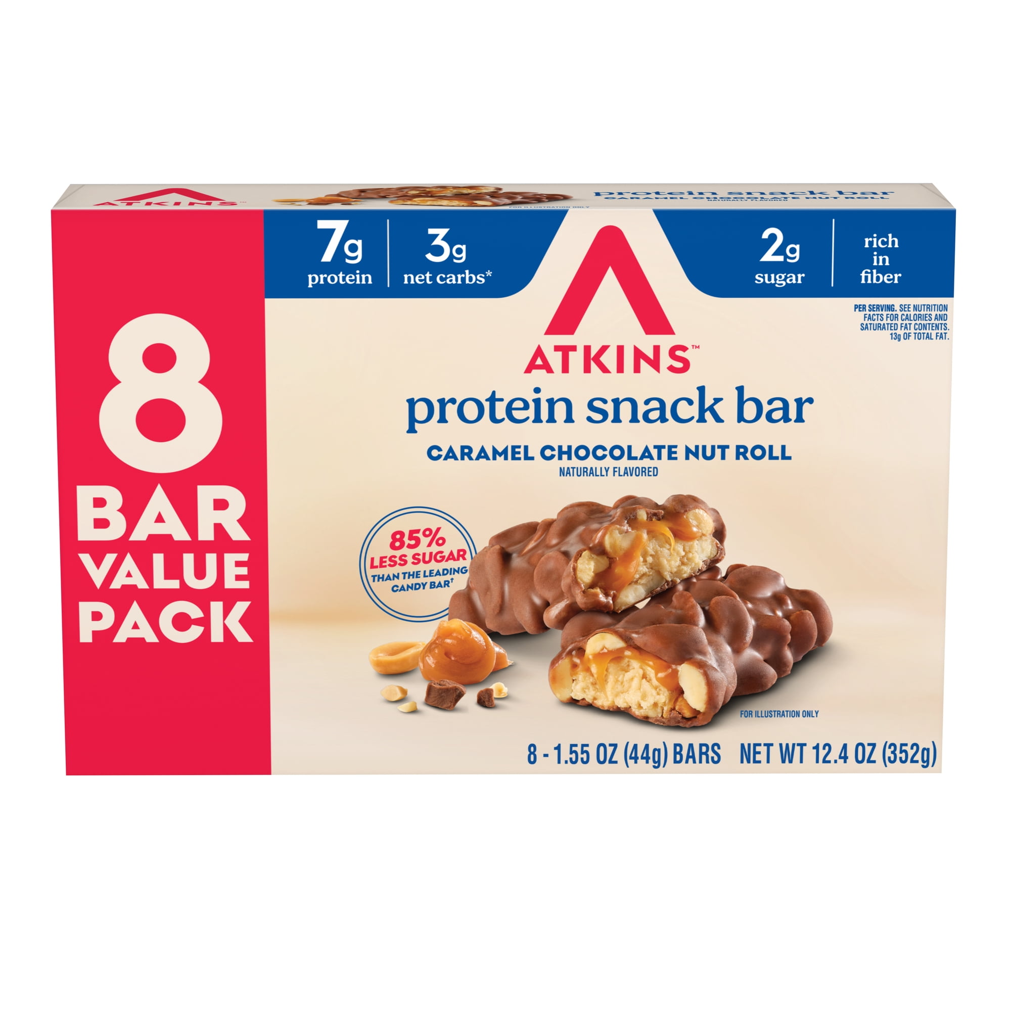 Atkins Snack Bar, Caramel Chocolate Nut Roll, 7g of Protein, Keto Friendly, 8 Count