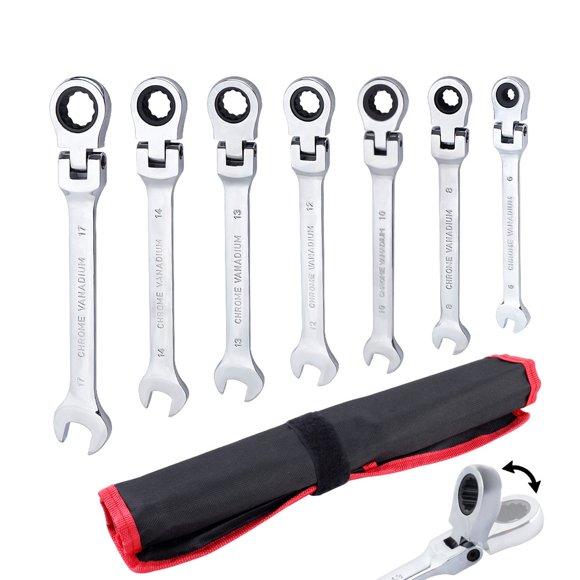 7Pcs Adjustable Head Ratchet Wrench, 72-Tooth Open Box-End Dual-Purpose Tools, High-Carbon Steel Construction Resists Wear, 5° Small-Angle Rotation for Narrow Spaces for Automotive Maintenance