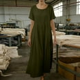 thumbnail image 5 of Horkkom Linen Dress Women Summer Short Sleeve Maxi Dress Casual Loose Flowy Pleated Dresses Crew Neck Solid Color Long Dresses L, 5 of 6