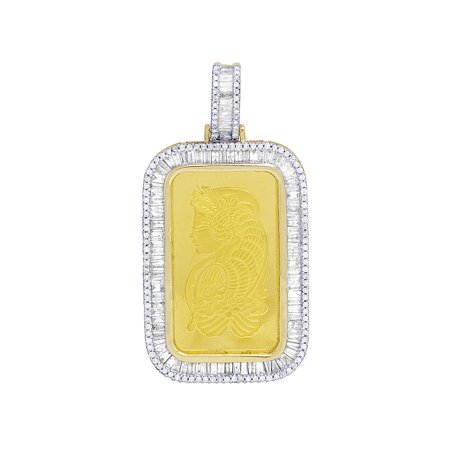 Men 24K Yellow Gold Lady Fortuna Bar Real Diamond Baguette Pendant 1.75" 1.60CT 10gm