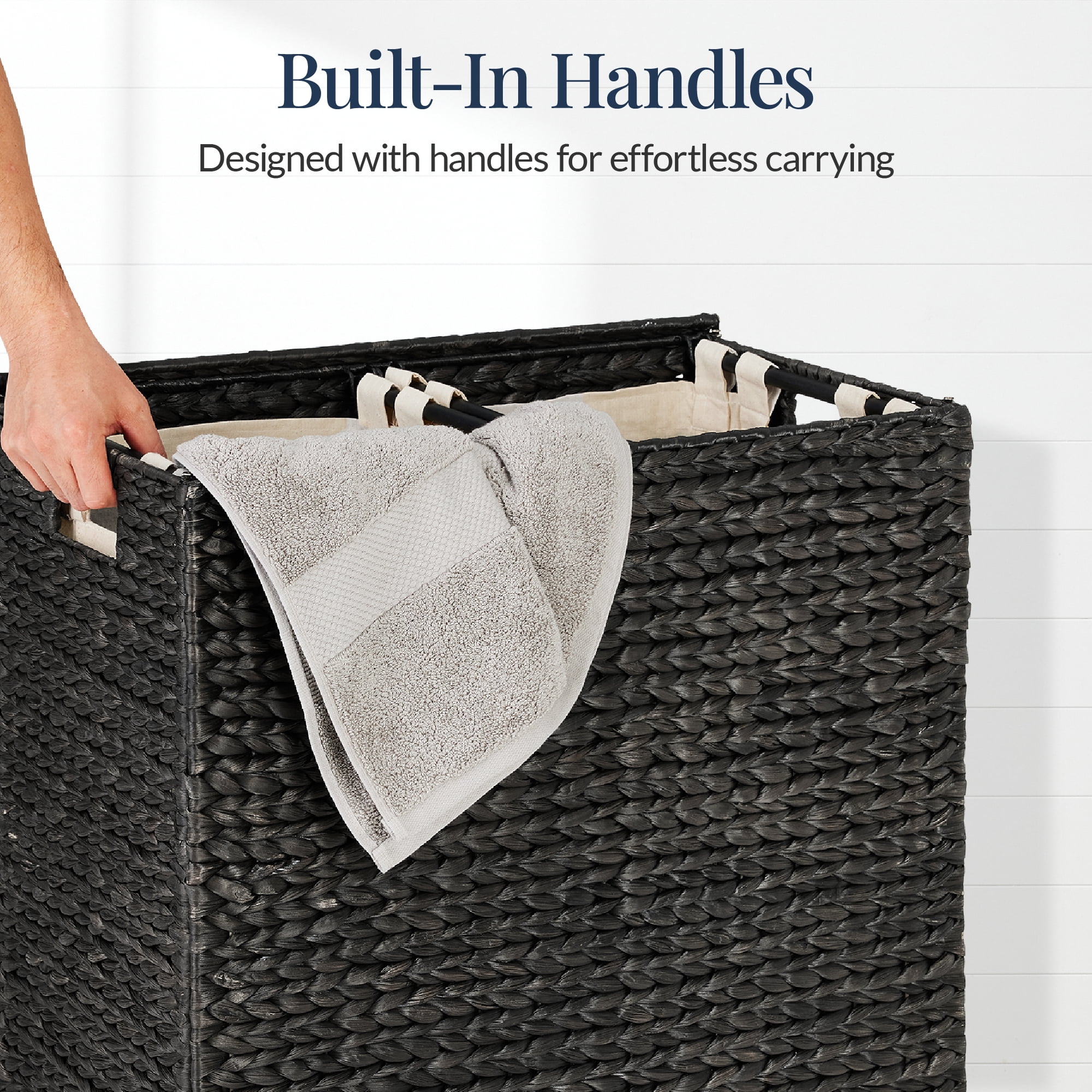 Best Choice Products Large Natural Water Hyacinth Double Laundry Hamper Basket w/ 2 Liner Bags, Handles - Black