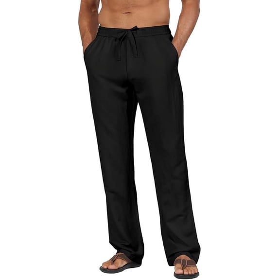 Men's Linen Pants Drawstring Slim Fit Elastic Waist Wide Leg Trousers Lightweight Beach Summer Pants