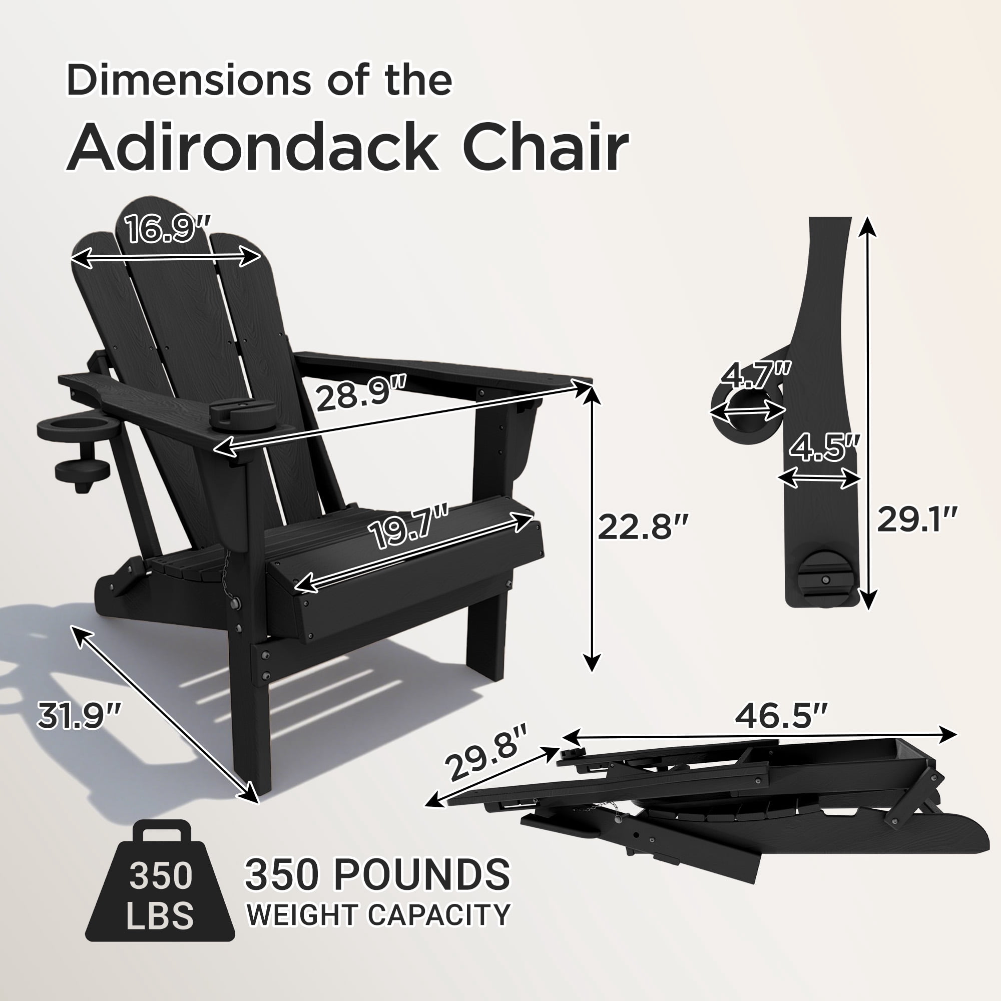 Tappio Folding Adirondack Chair Set of 2, All Weather HDPE Outdoor Patio Chairs with 3- Position Adjustable Backrest, Detachable Multifunctional Holders and Cup Holders, Fire Pit Chairs, Black