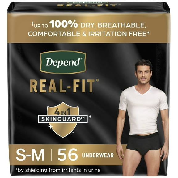 Pack of 2 Depend Real Fit Men's Incontinence Underwear, Maximum Absorbency, S/M, Black, 56 Count