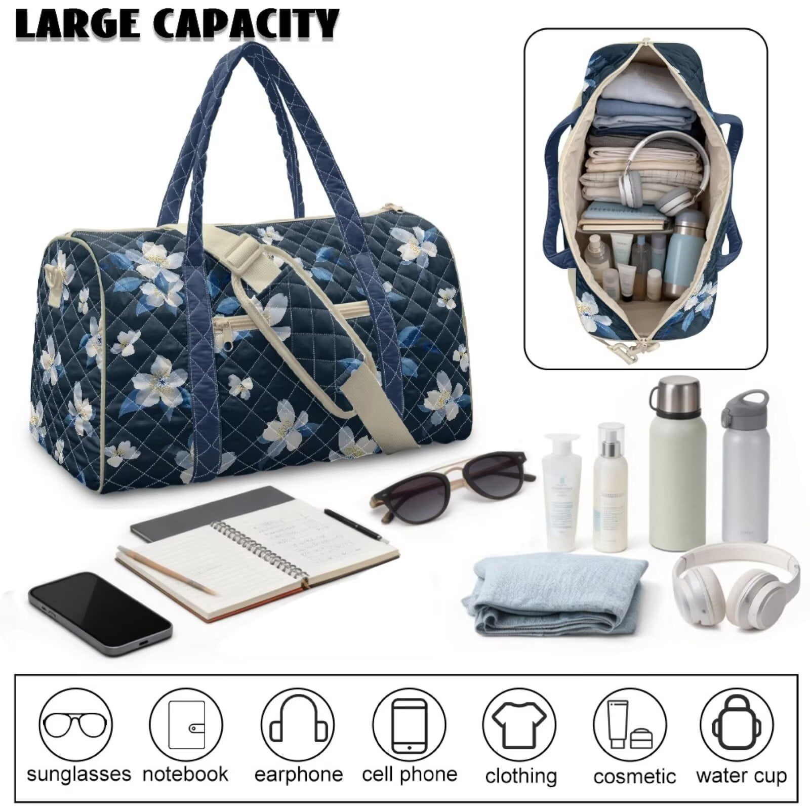 Chririnla Blue & White Floral Print Polyester Duffle Bag for Travel Women Casual Overnight with Carry On Size & Separate Compartment Ideal for Flight