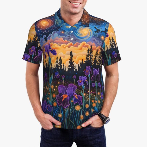 Balery Cosmic Irises At Twilight Camisa Polo de Hombre con Estampado, de Manga Corta y Tejido Medio, Camisa Tipo Golf Polo-4X-Large