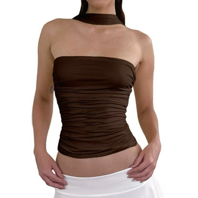 Tops de Tubo Y2K para Mujer, Sin Tirantes, Sin Mangas, para Salir, Ajustados, Sin Espalda, Estilo Bandeau, Ropa Estética. Marrón L