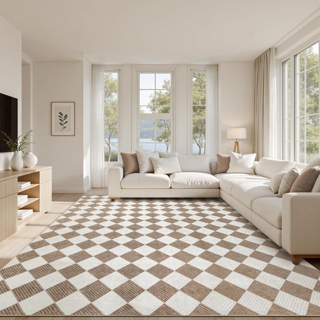 Washable Checke Rug x Low Pile Area Rug for Living Room Bedroom Nursery Modern Neutral Farmhouse Checkerboard Carpet Pet Kid Friendly