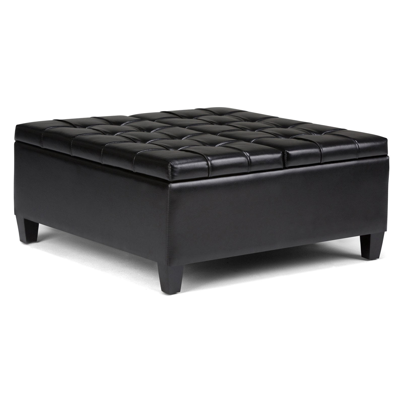 Simpli Home Harrison 36" Transitional Square Coffee Table Ottoman in Black Faux Leather