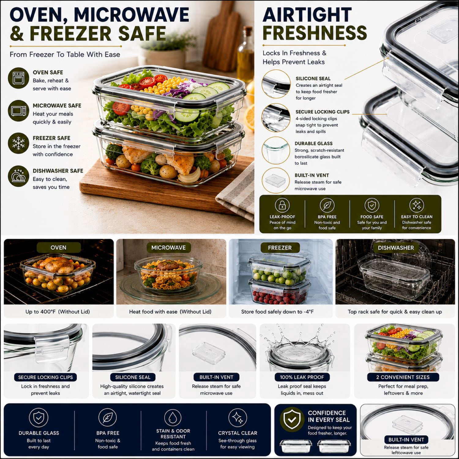 Sorbus 2-Pack 35 oz Glass Meal Prep Containers, Airtight Leakproof Lids, Steam Vent Design