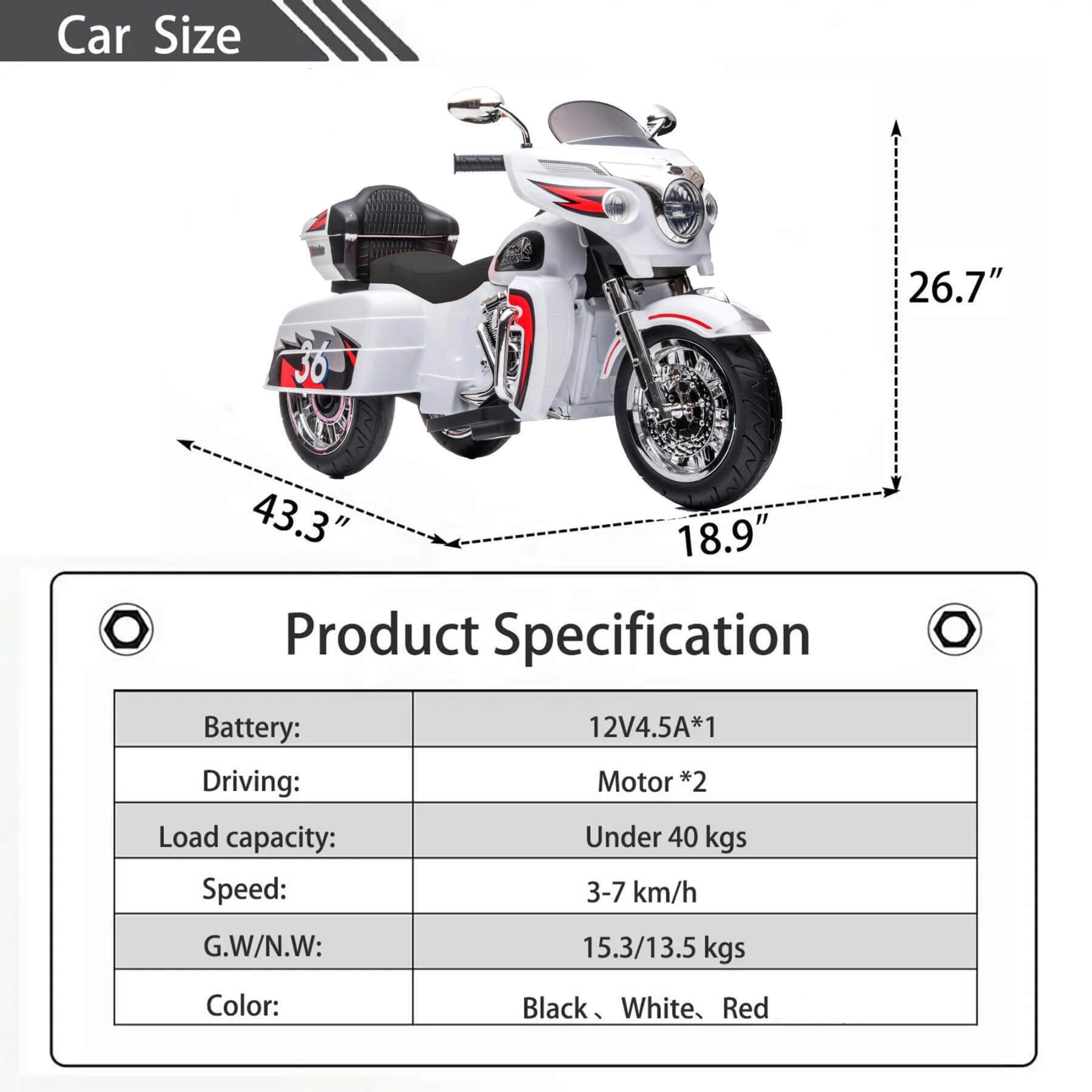Tamco 12V Kids Electric Ride On Motorcycle with Two Seat and 3 Wheels, White