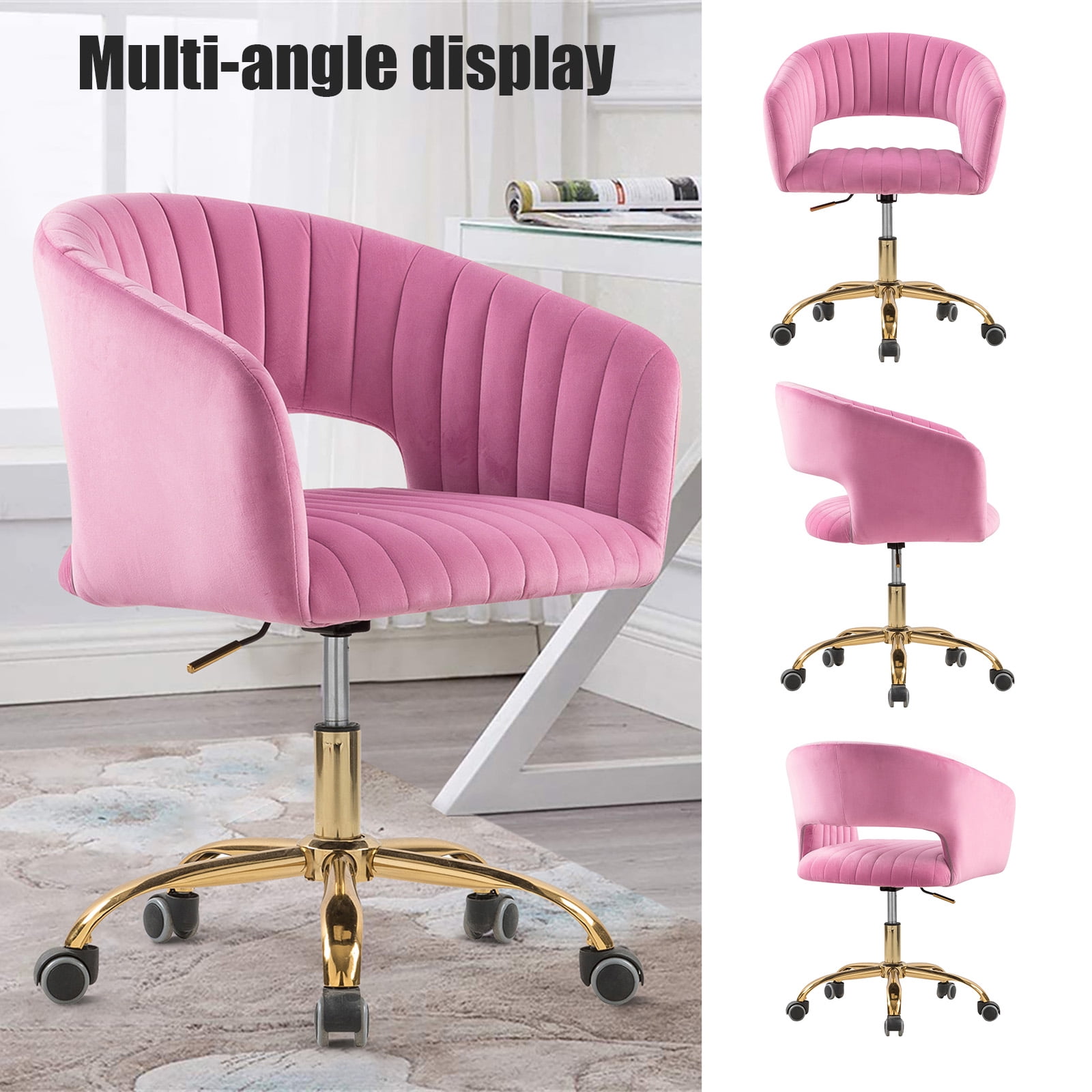 MOONMISS Velvet Upholstered 360°Swivel Adjustable Height Modern Home Office Chair With Golden Legs-Pink