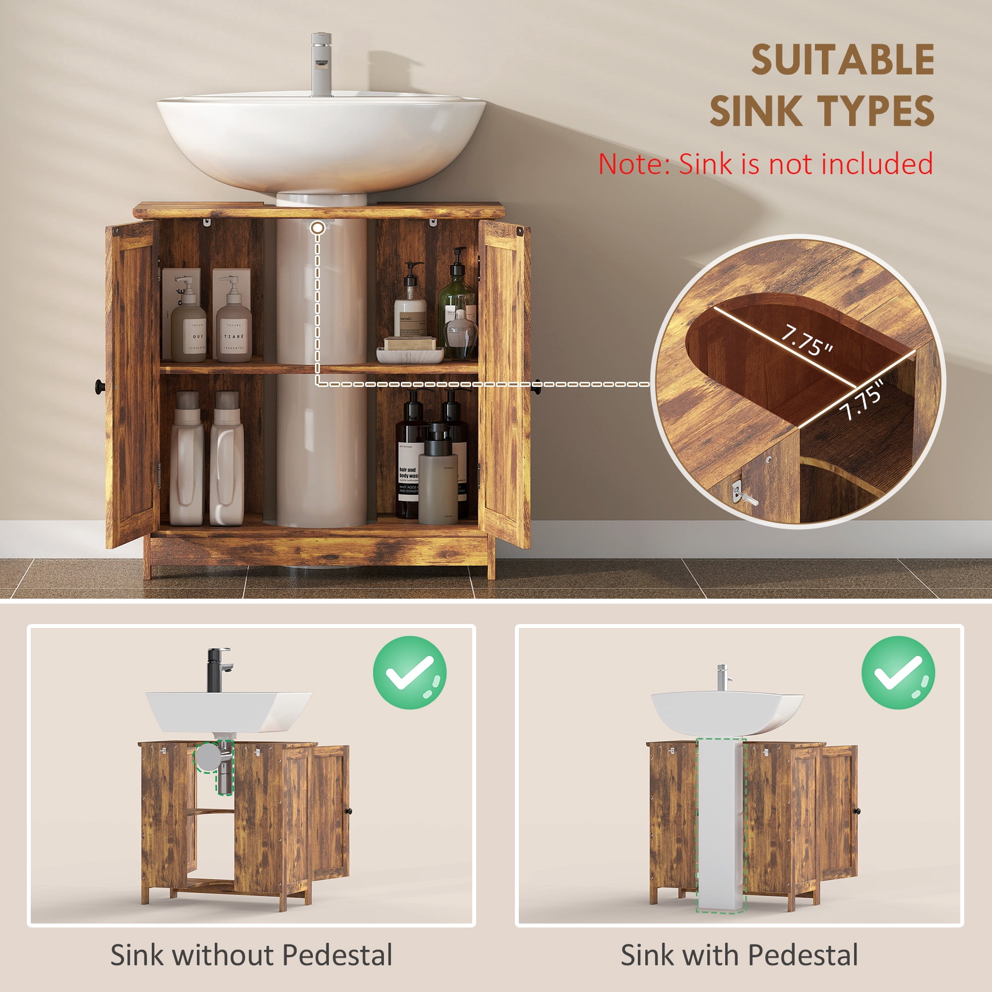 Bathroom Cabinet, Rustic Brown MDF Under Sink Vanity with Adjustable Shelf, 23.5 in L x 11.75 in W x 23.5 in H