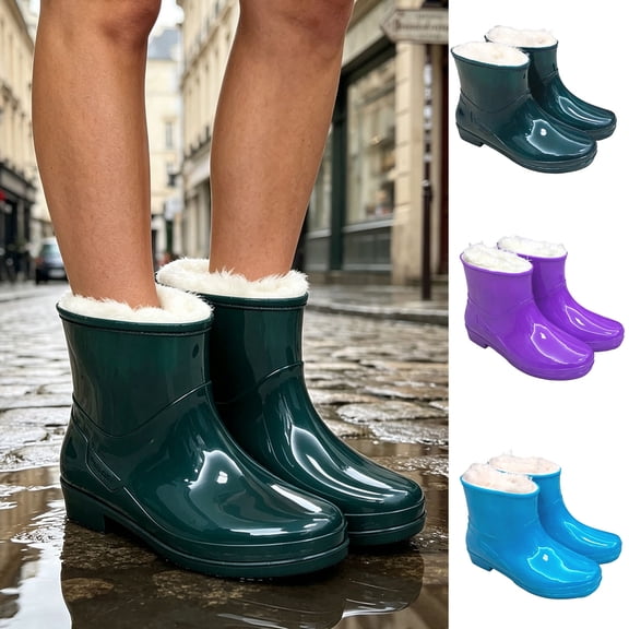 Womens Fleece Lined Waterproof Ankle Rain Boots, Rubber Short Wellies, Non-Slip Low Heel Insulated Footwear Purple 8.5(41)