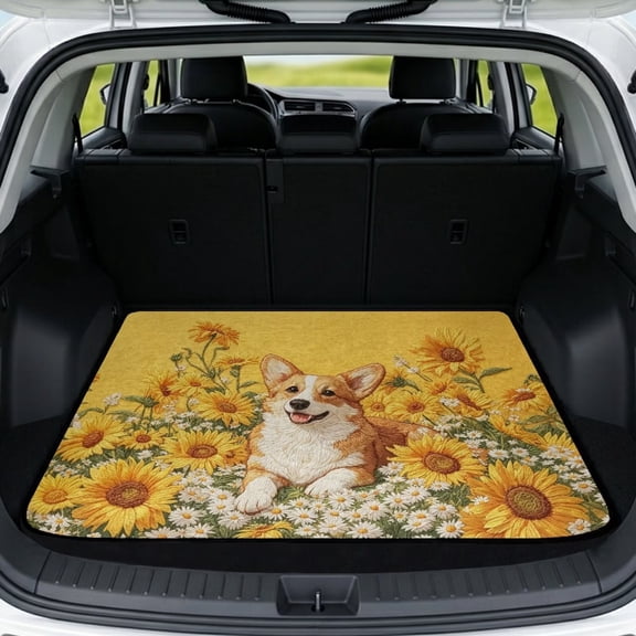 Xixirimido Corgi Dog Sunflower Daisy Print All Weather Car Trunk Mat 29" x 39" Decorative Cargo Liner, Heavy Duty Rear Trunk Protector Universal Auto Interior Accessories