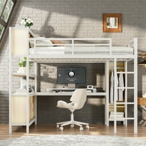 QJTC Queen Loft Bed with Storage Shelves and Cubes, Metal Loft Bed with Wardrobe and L-Shaped Desk, Heavy-Duty Loft Beds for Teens Adults, White Wood-Grain