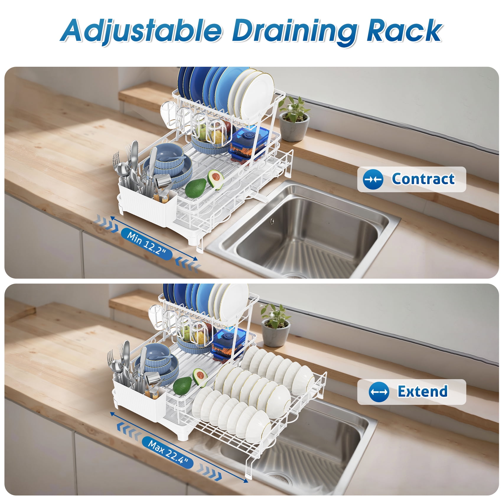 Glovv 2-Tier Collapsible Over the Sink Dish Drying Rack, Kitchen Sink Organizer with Auto Drainage System, Dish Racks for Kitchen Counter with 4 Cup Holders,White
