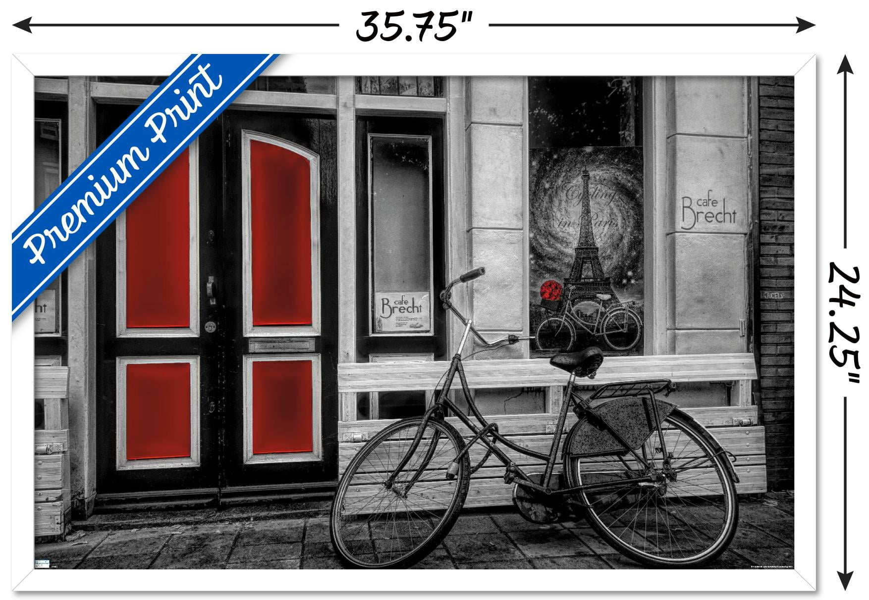City Bike in Black and White Color Selected Red Wall Poster, 22.375" x 34" Framed