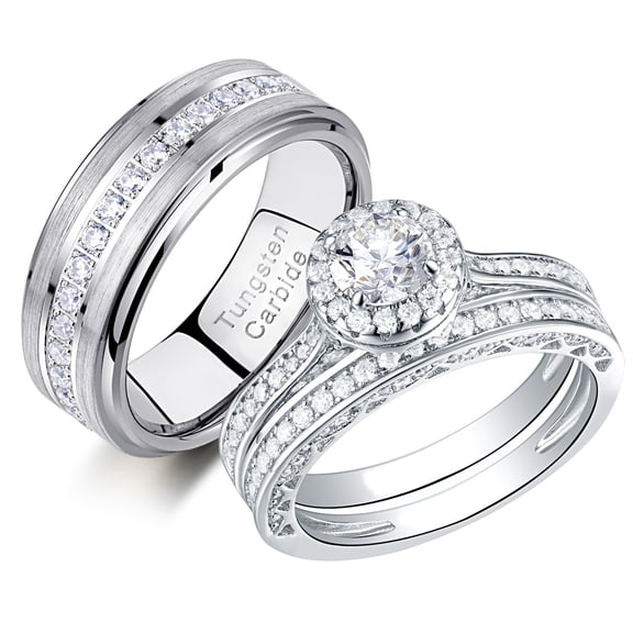 Newshe Wedding Rings Set for His and Hers Women Mens Tungsten Wedding Bands Round Cz 3Ct Couple Rings Size 9&7