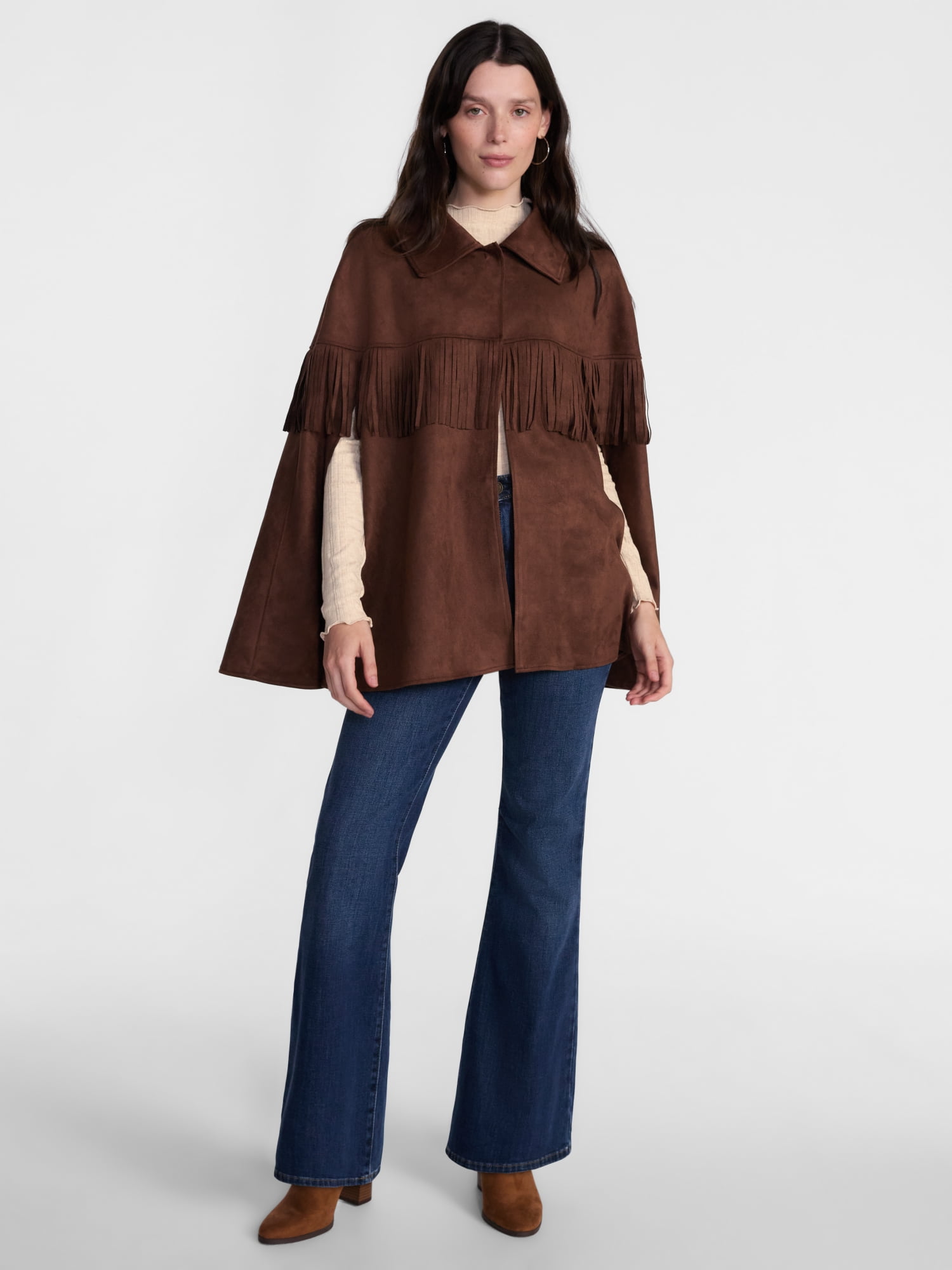 Scenario Women's Faux Suede Fringe Cape, Midweight, Sizes S-3XL