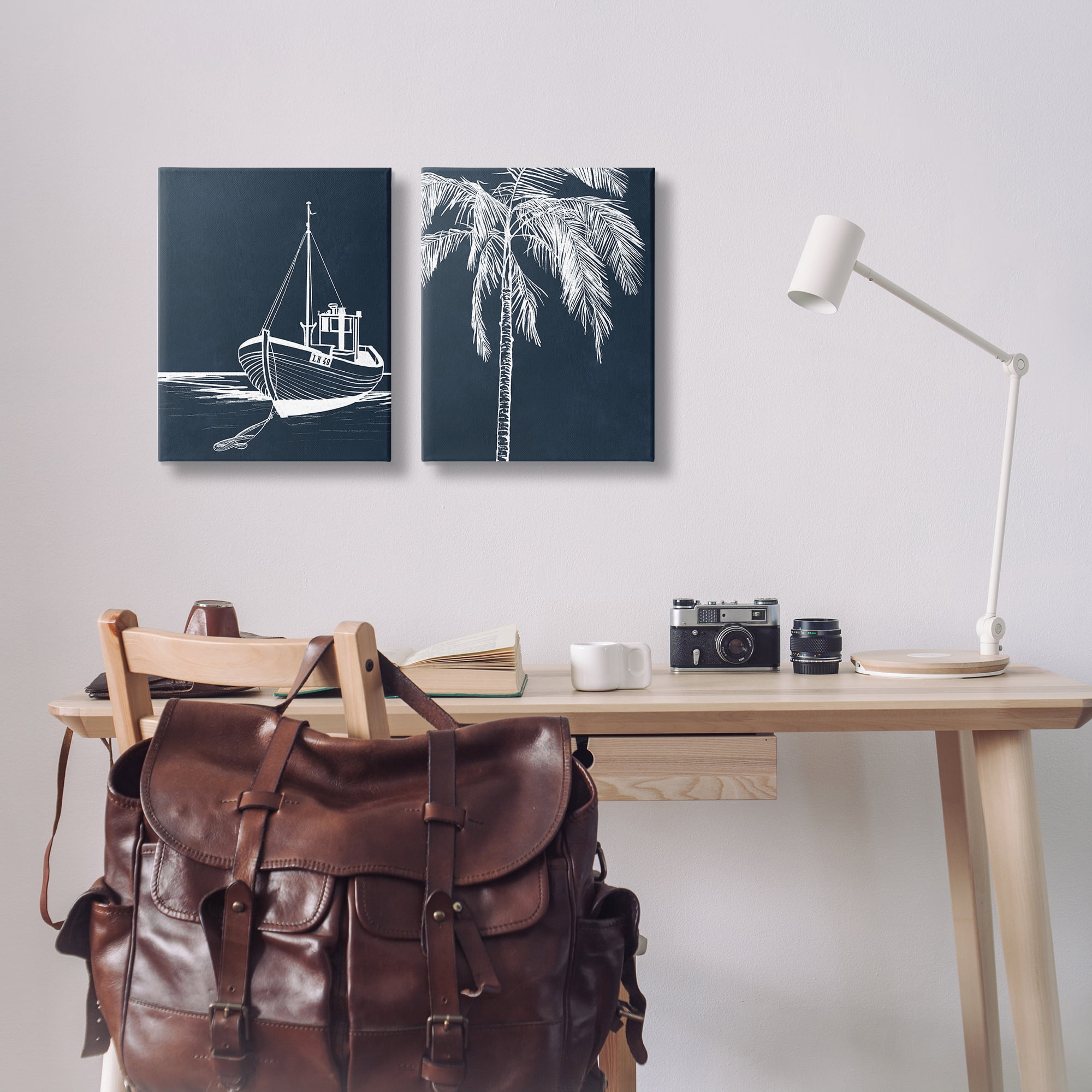 Stupell Industries Blue Boat & Palm Transportation Painting Wrapped Canvas Art Print Wall Art, 16 x 20, Set of 2