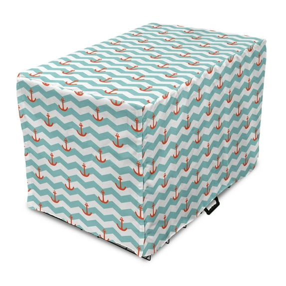Anchor Dog Crate Cover, Simple Pattern Anchor Stripe Art Welcoming Wavy Water Tiled Surface, Easy to Use Pet Kennel Cover Small Dogs Puppies Kittens, 7 Sizes, Turquoise Red, by Ambesonne