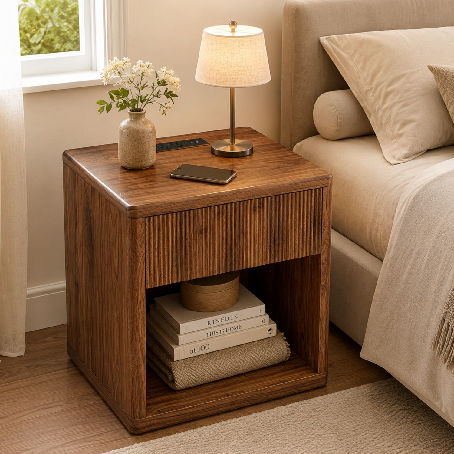 Modern Fluted Nightstand with Drawer Storage, Large Wide Bedside Table with Open Shelf, Mid Century End Table for Bedroom, Living Room Sofa Couch, Home Office, Brown