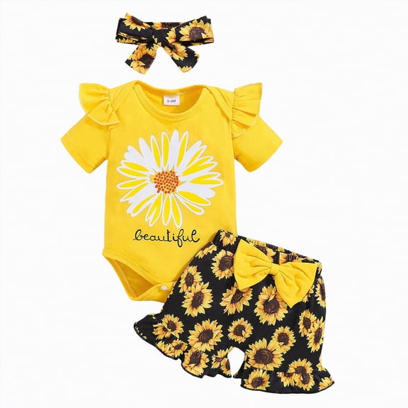OYXSER Baby Girl Clothes 3 6 Months Romper Shorts Set Bow Daisy Print Floral Shorts with Headband, Yellow 9-12M