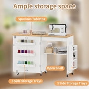 WARAYZ Foldable Space-Saving Sewing Table with Storage, Power Outlet, 6 Side Trays & Open Shelf, Lockable Wheels, White, 1 Count