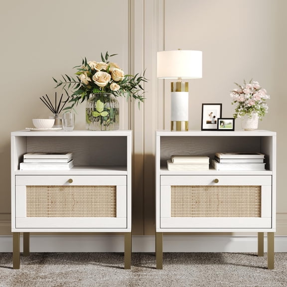 HoopieHome Modern Rattan White Nightstands with 2 Drawers, Set of 2