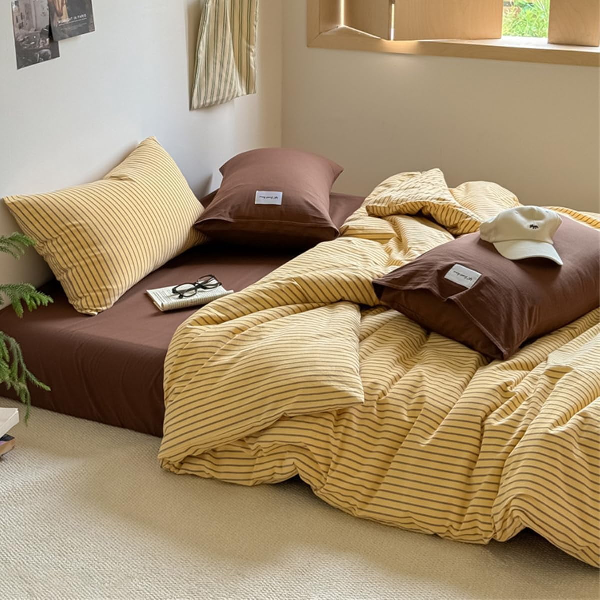 NAYOROOM Brown Stripes Yellow Duvet Cover Queen Set, 3-Piece Retro Vertical Ticking Stripes Soft Comforter Cover