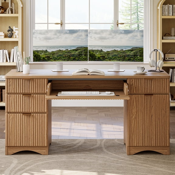 Bestier 63" Executive Desk with Keyboard Tray, Modern Home Office Desk with 4 Drawers & 1 Large Cabinet, Fluted Computer Writing Desk for Study, Living Room, Bedroom, Brown