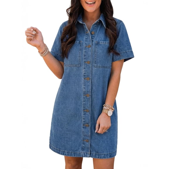EMMIOL Women's Button Down Denim Dress Short Sleeve Babydoll Mini Jean Shirt Dress Fall Casual Trendy Outfit